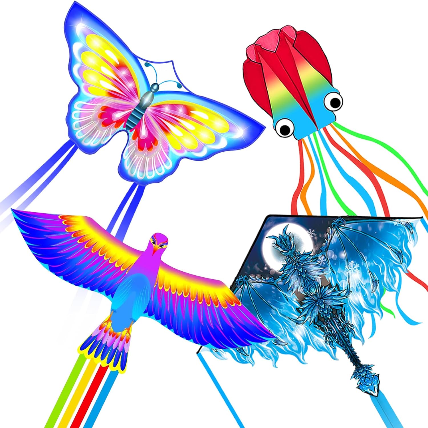 Mint's Colorful Life 3 Pack Kites for Kids and Adults, Easy to Fly Butterfly Delta Octopus Kite Set for Beginners, Large Beach Kites for Family Outdoor Games & Activities