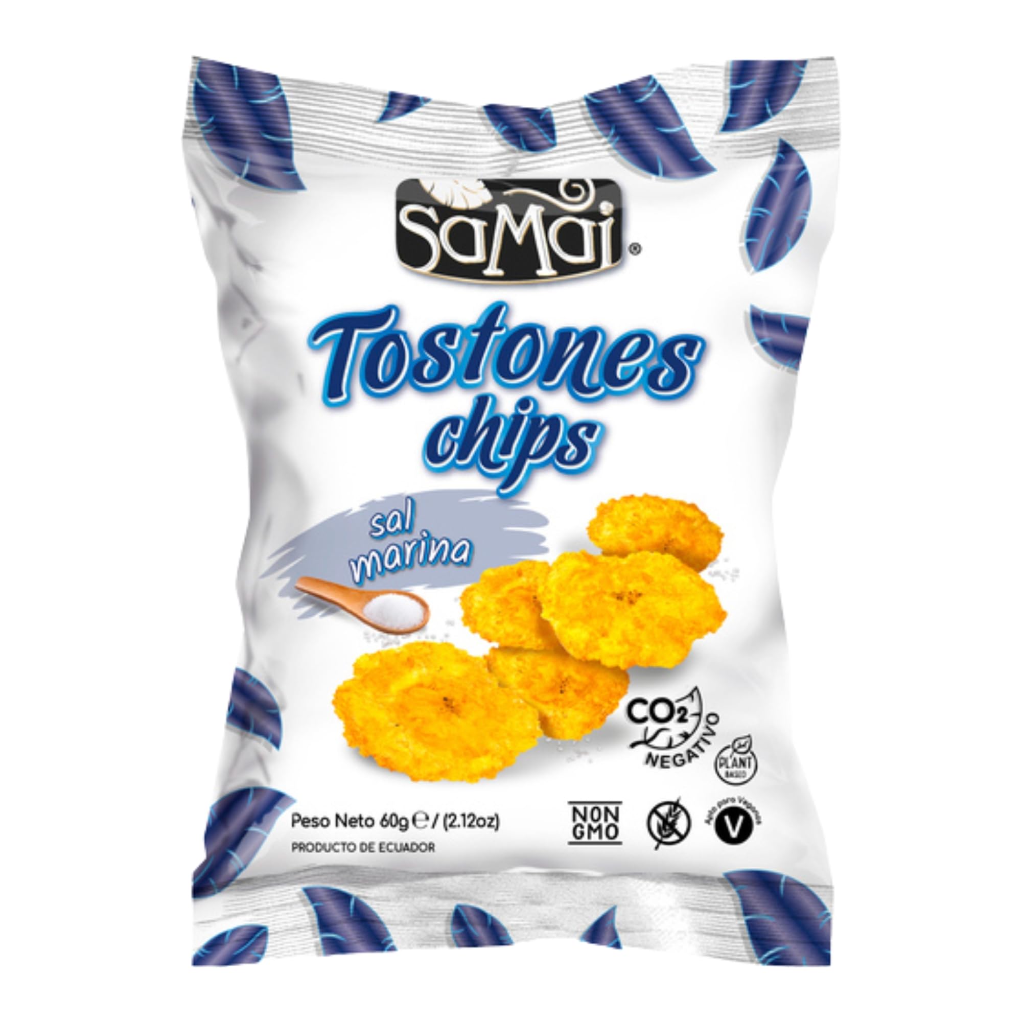 Tostones SAMAI Chips de Plátano con Sal Marina - Pack 15 Bolsas x 60g (900g Total) - Snack Natural Sin Gluten - Patacones Crujientes - Aceite de Palma Sostenible
