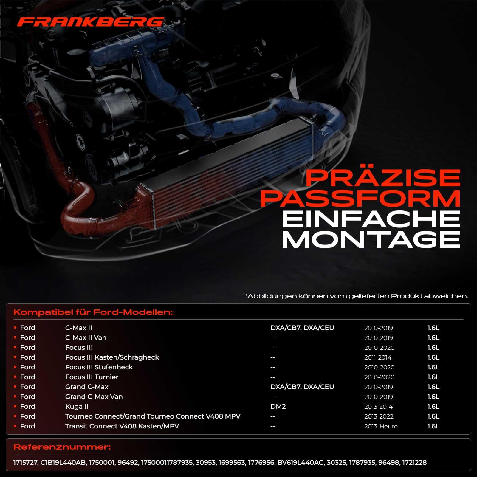 Frankberg Chłodnica powietrza do ładowania, turbo kompatybilna z C-Max II Grand C-Max DXA/CB7 DXA/CEU 2010-2019 Focus III 2010-Dzisiaj Kuga II DM2 2016 - Dzisiaj Replace# 96492