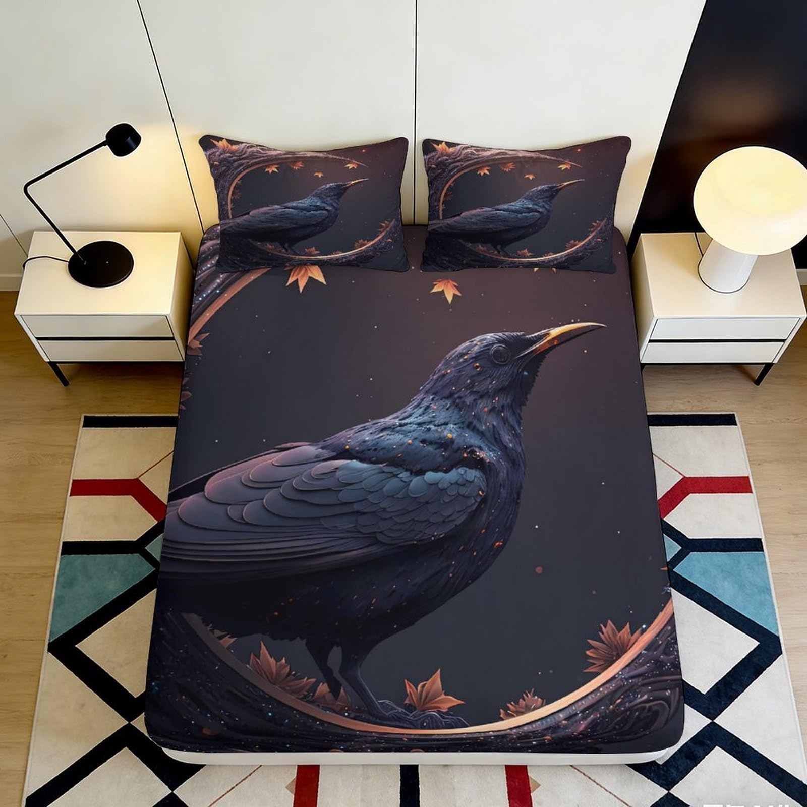 3D Printed Dark Raven Fitted Sheet Microfiber Soft Breathable Night Sky Bed Cover for Bedroom Dormitory Guest Room Mattress Protection Decor 180x200x25cm