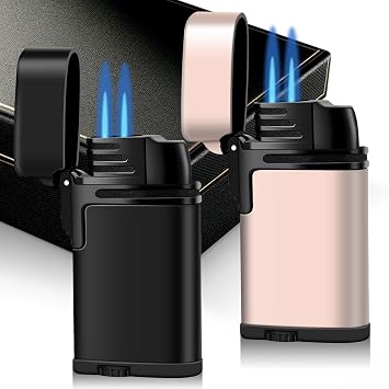 Mini Double Torch Lighter Windproof Butane Refillable Lighters Compact Pocket Gas Torch with Dust Cover, 2 Pack Butane Not Included Black+Rose Gold