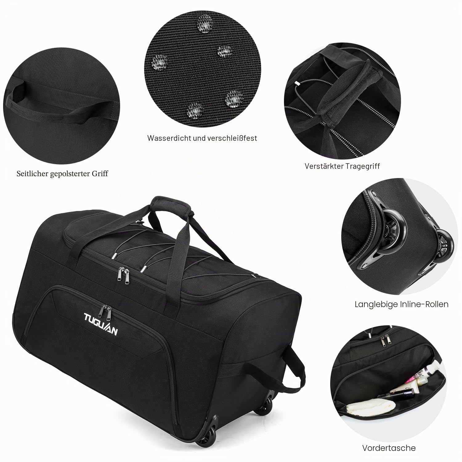 TUGUAN 110L Reisetasche Faltbare mit Rollen Groß, Aufklappbar Extra Große Sporttasche Rollen Handgepäck mit Multi-Griffe für Herren und Damen, Reise, Camping, Fitnessgeräte, 28''/71cm, Schwarz