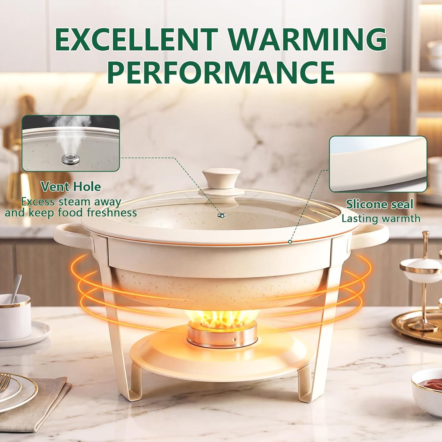 Chafing Dish 5L Scaldavivande Buffet con Coperchio in Vetro Set 2 | Rechaud con Supporto per Combustibile, Rivestimento Antiaderente Maifanite, Ideale per Matrimonio, Catering, Feste