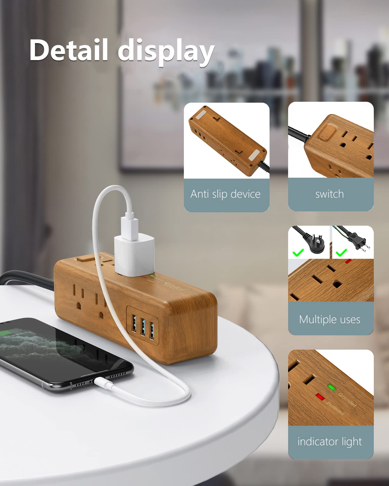 Protezione contro le sovratensioni con 3 porte USB per stazione di ricarica, cavo di prolunga lungo, angolo retto, interruttore piatto, per casa, ufficio, camera da letto