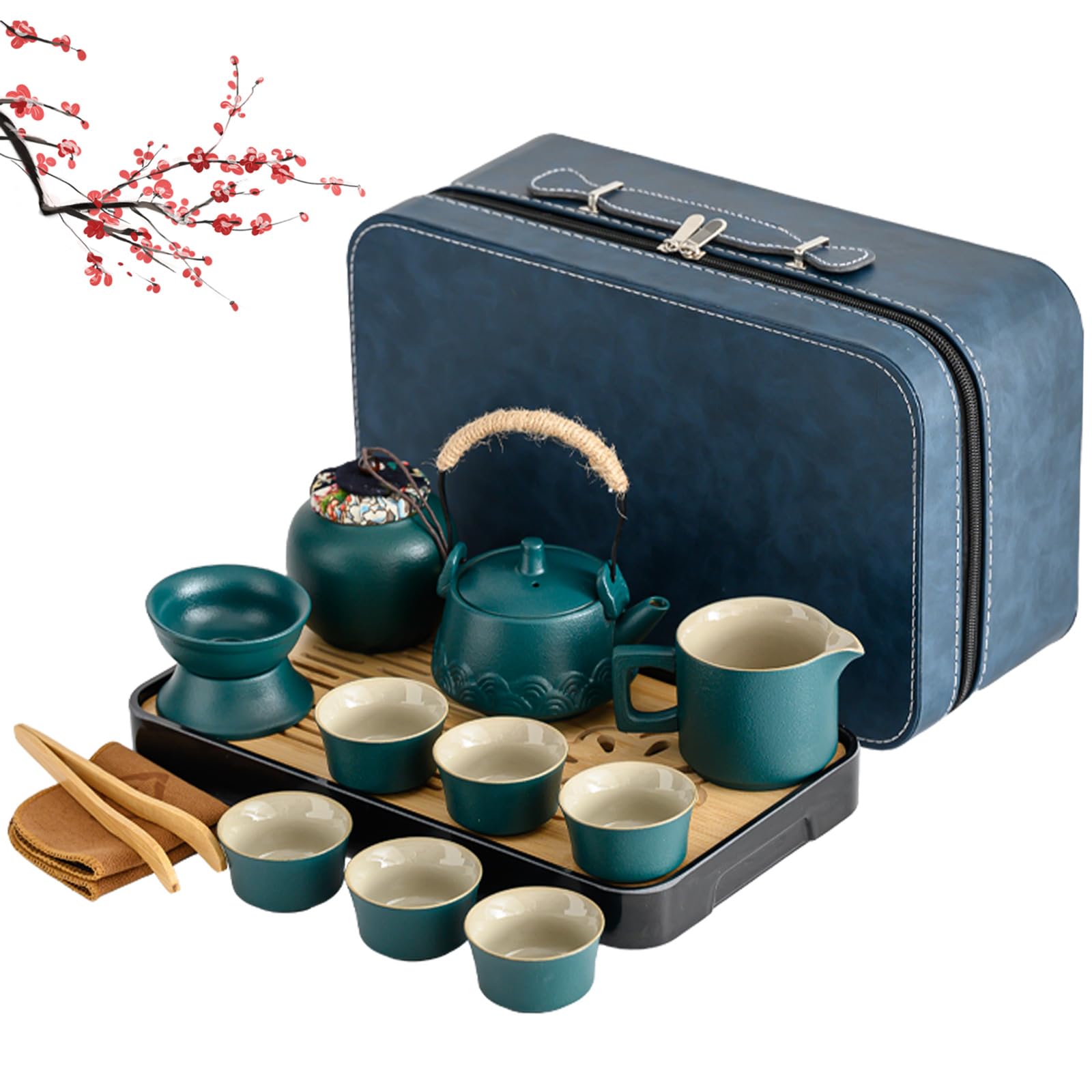 Japanisches Teeset Chinesische Teekanne Set, Gongfu Teeservice, 14 Stück tragbares schwarzes Keramik-Teekannenset mit 6 Teetassen&Tablett, Mit Tasse traditionelles Teeservice aus Porzellan (Türkis)