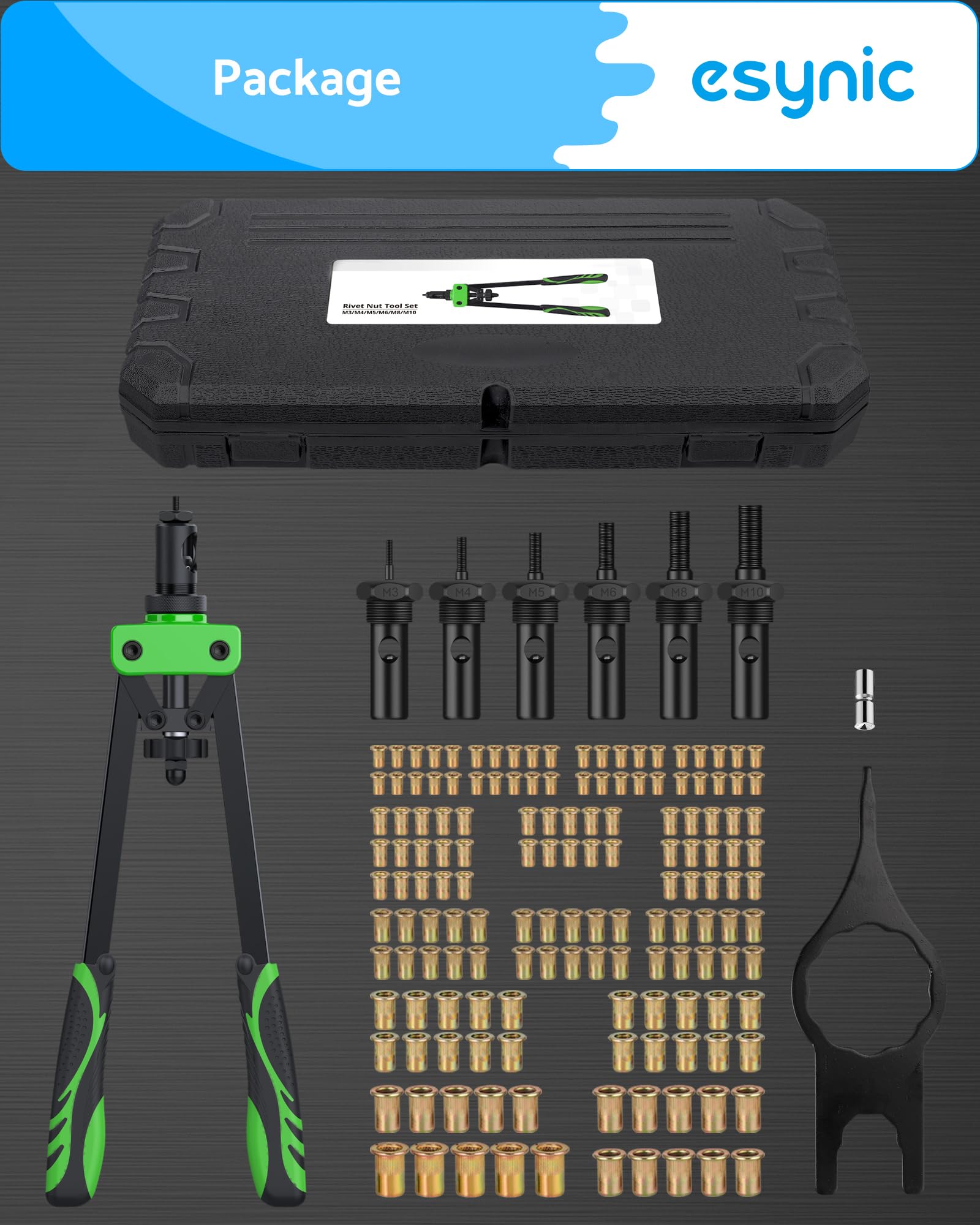 eSynic Kit de tuerca de remache manual resistente de 14 pulgadas con 6 mandriles métricos, 150 tuercas de remache
