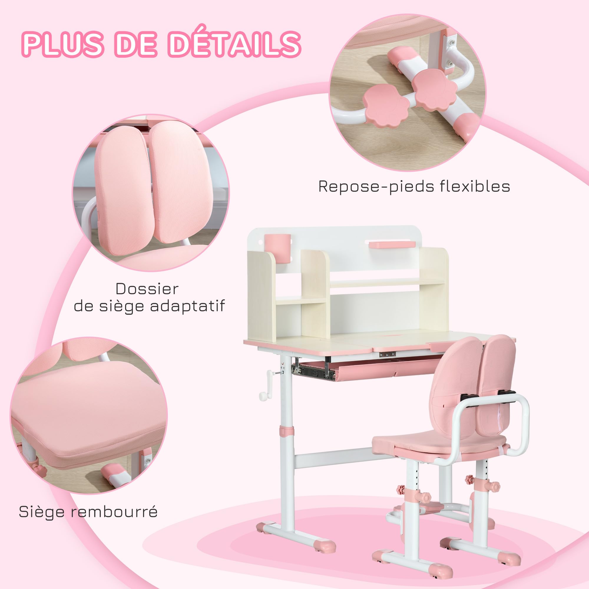 HOMCOM Bureau et Chaise pour Enfants, Hauteur réglable, Plateau inclinable 0-60°, Rose