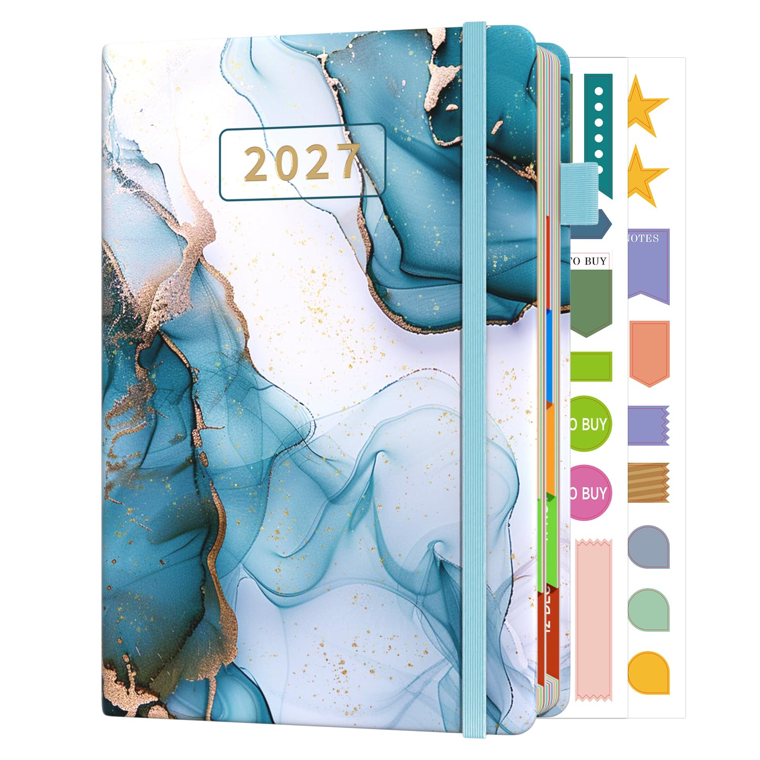 Sailingvan 2027 Diary A5 Page a Day January-December 2027, Faux Leather Agenda Monthly View Daily Planner with Colorful Tabs, Productivity Stickers, Elastic Strap, Pen Loop & Pocket (8.5'' x 5.8'')