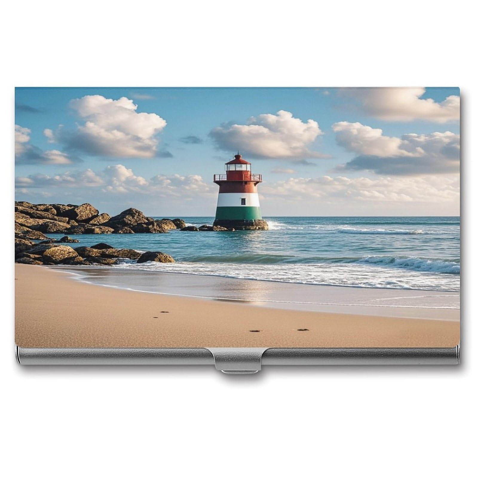 FekiLoot Sea Lighthouse Sandbeach Business Card Holder for Men Women Metal Slim Organizer Business Card Carrier Wallet Name Cards Holder Retro Slim Pocket Purse Small Portable Card Case