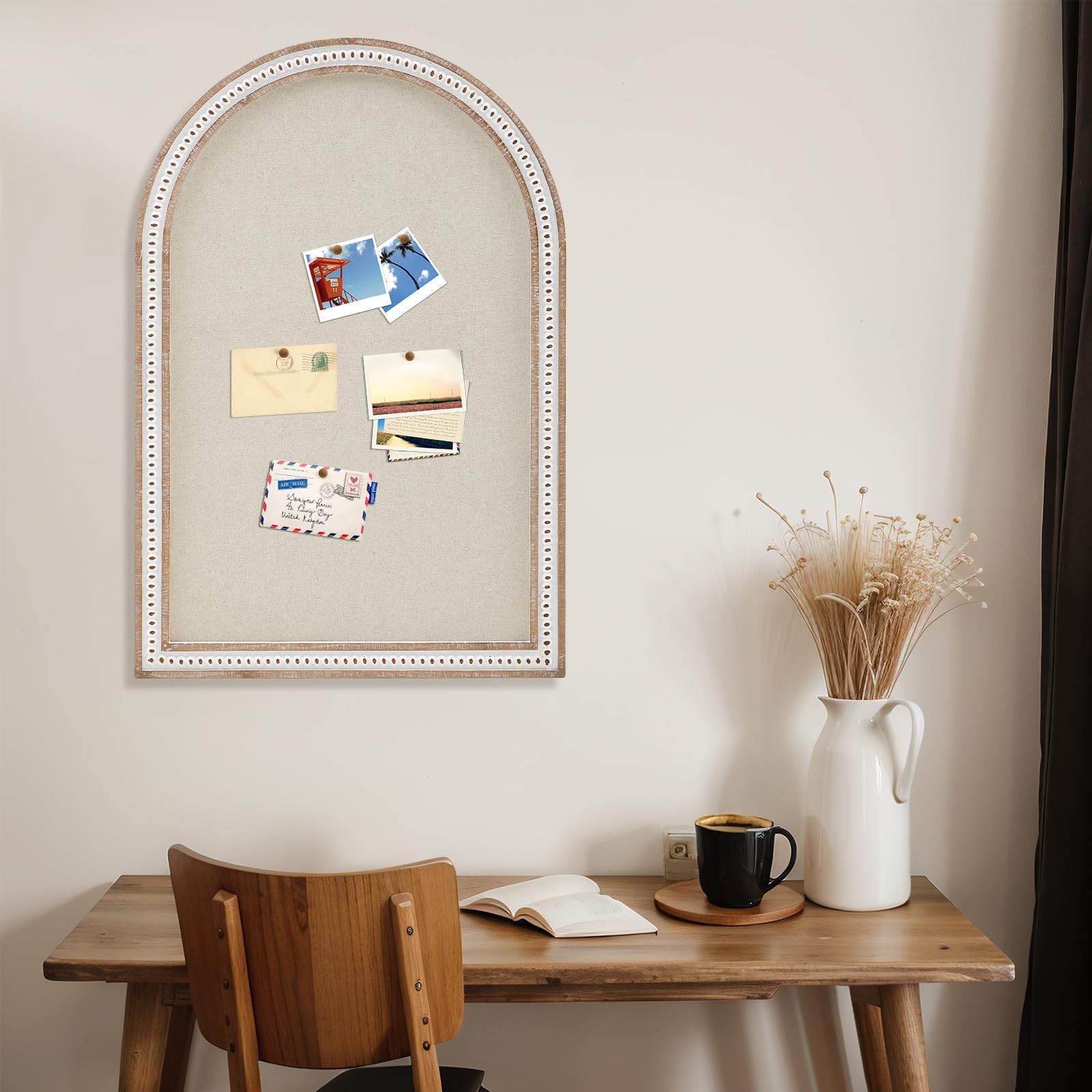 Wonderjune Vintage Bogen gerahmte Pinnwand Leinen Pinnwand Große Stoff Dekorative Pinnwand für Wand Verziertes Bild Memo Display Pinnwand für Home Office Bauernhaus (Weiß, 61 x 91,4 cm, Boho-Bogen)