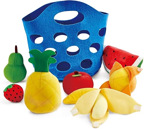 Hape Cesta de frutas para niños pequeños | Juego de comida suave para niños, cesta de juguete de frutas incluye plátano, manzana, piña, naranja y más
