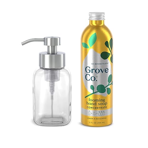 Grove Co. Concentrado de jabón de manos espumoso (12 onzas líquidas) + dispensador de jabón de vidrio reutilizable, sin plástico y kit de inicio