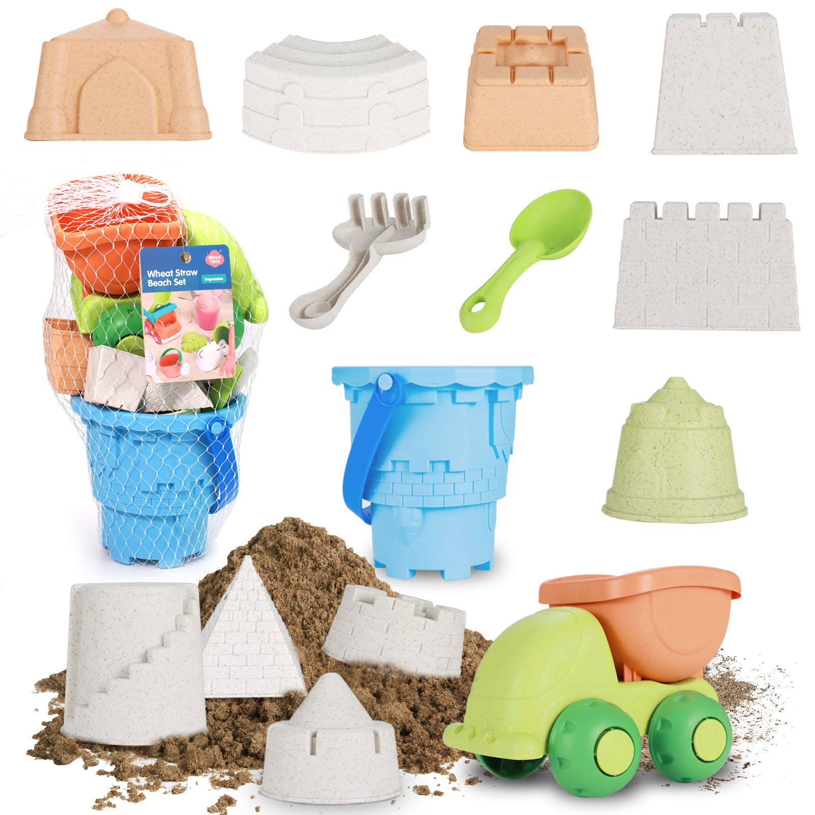 FANURY Beach Sand Toys Set for Kids, 14Pcs Sand Castle Toys for Beach with Mesh Bag, Castle Mold, Dump Truck, Bucket, Shovel, Rake, Sandbox Toys Summer Outdoor Beach Toys for Toddlers Boys Girls 3-10