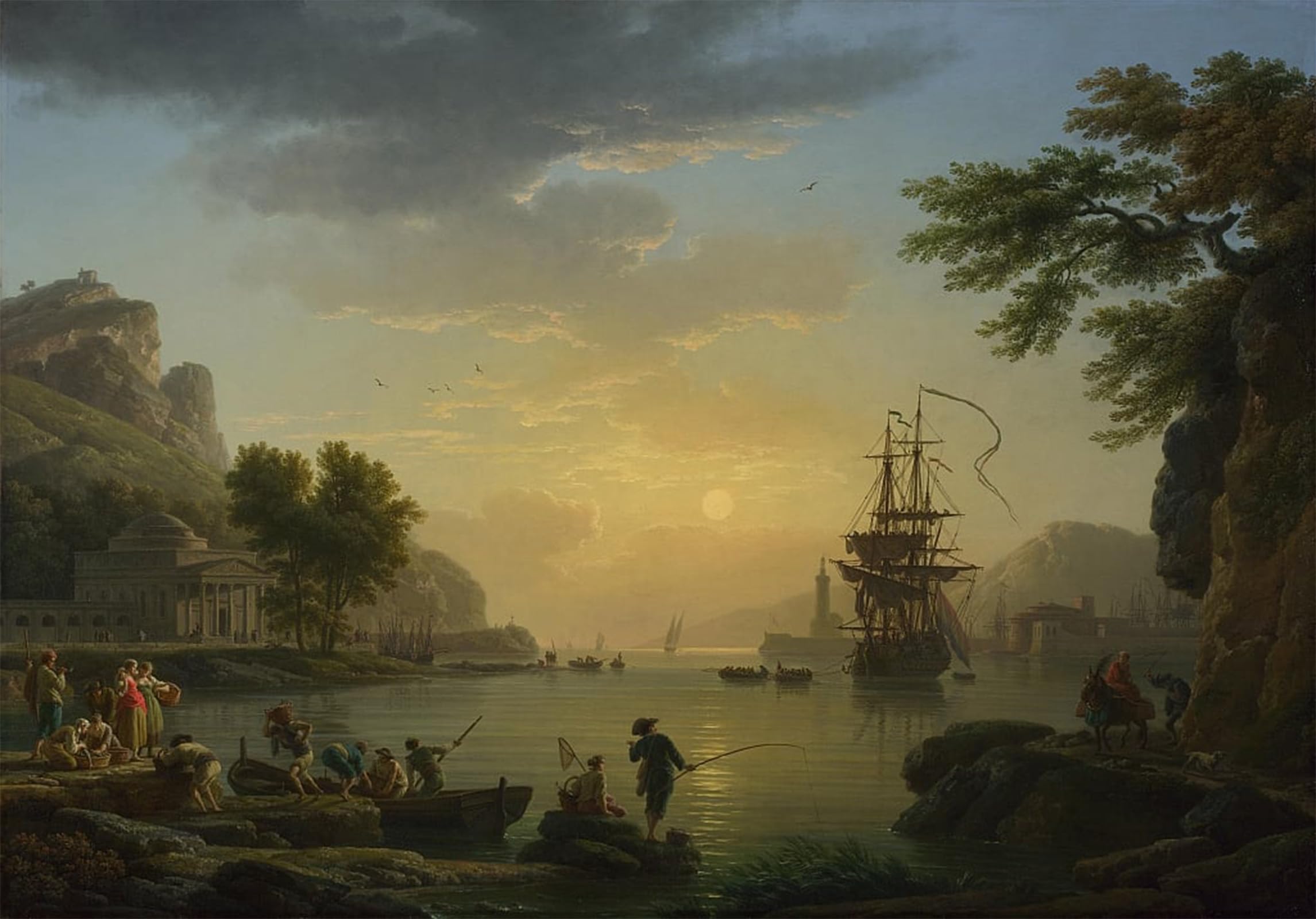 ARTXLXXBN Famous Painting Art Wall Decor Abstract Art Picture a Landscape At Sunset with Fishermen Returning with Their Catch by Claude Vernet Animal Pictures for Home Decor 60x90cm