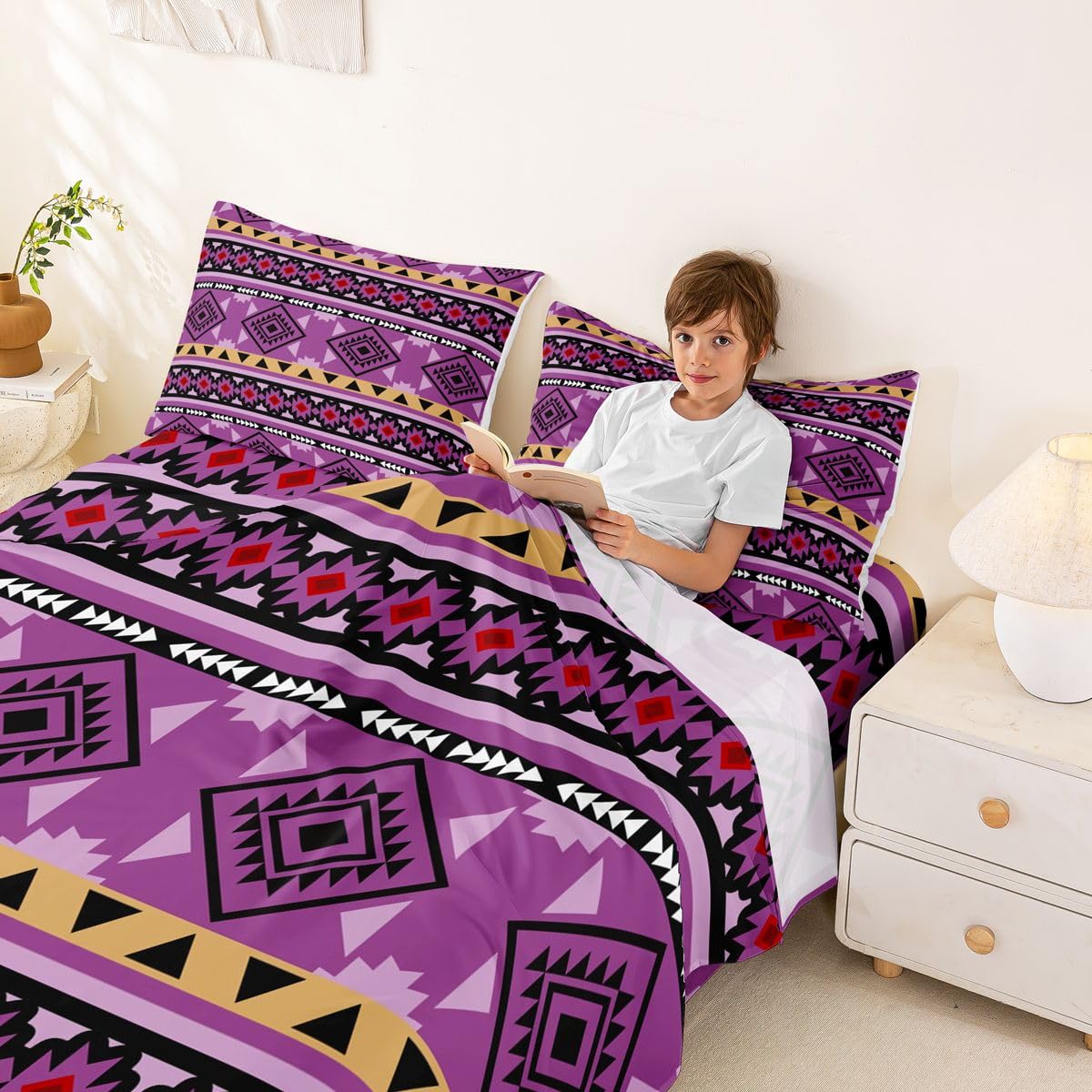 Homewish Fioletowy aztecki zestaw pościeli podwójne azteckie czeskie zachodnie prześcieradła południowo-zachodni rodzimy zestaw prześcieradeł - plemię geometryczny wzór boho dopasowane górne