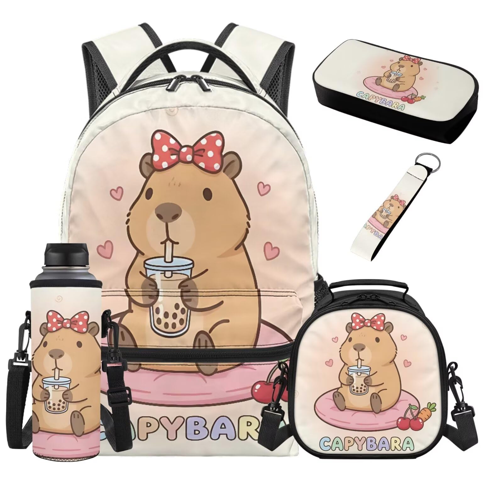 SEANATIVE Zestaw plecaków dla dzieci, 5 szt., kreskówkowa torba na książki z izolowaną torbą na lunch, Kawaii Capybara, Plecaki tornistry