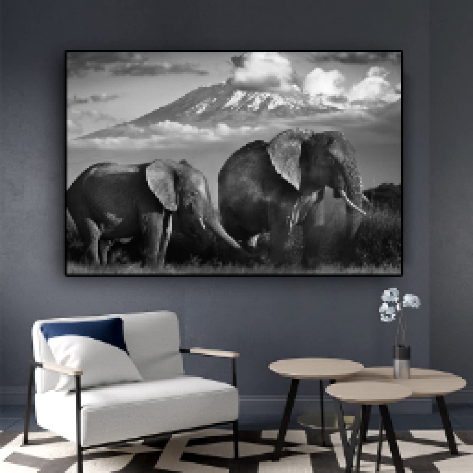 dsdsgog Nero e Bianco Elefante Selvatico Paesaggio della Tela di Canapa Pittura Poster e Stampe Scandinavo Immagine di Arte Della Parete per Soggiorno 70x100 cm Senza Cornice