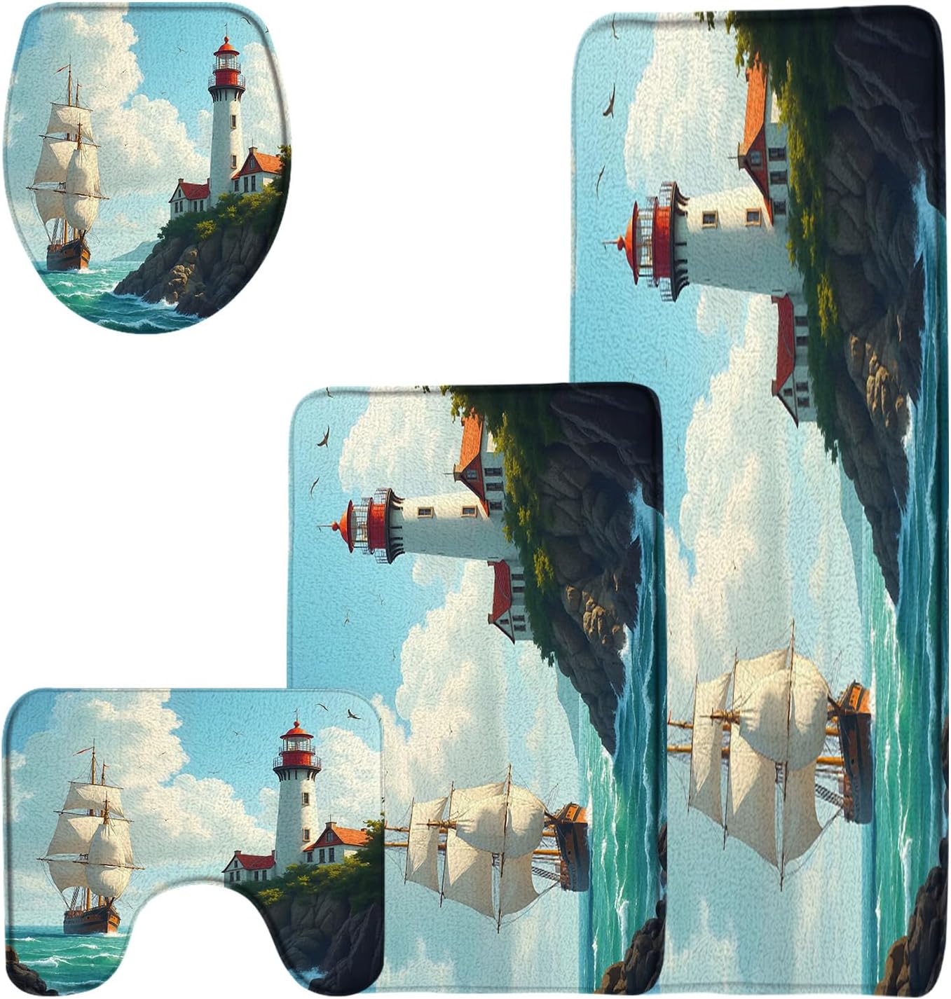 4 Pieces Bathroom Rug Sets,Nautical Ocean Lighthouse Sailboat Sea Wave Coastal 16"x24"and 16"x48"Bath Mats,Toilet Cover,U-Shaped Toilet Mat