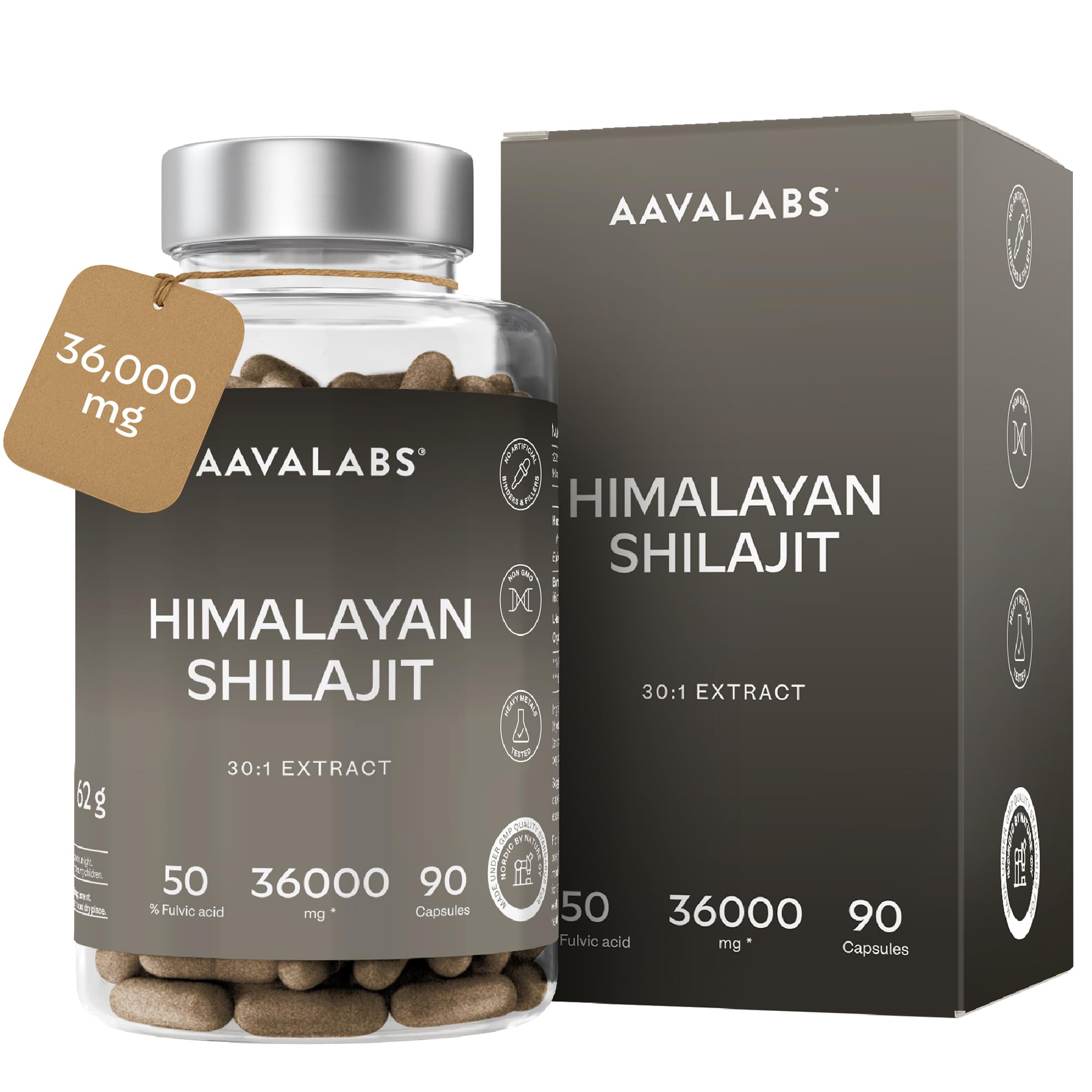 Shilajit Pure Himalaya 36000mg Extrait 30:1 | 50% Acide Fulviques Qualité Premium - Shilajite Energie et Immunité 100% Végétalien, Pur, Sans Additifs - 90 Pure Himalayan Shilajit Gélules
