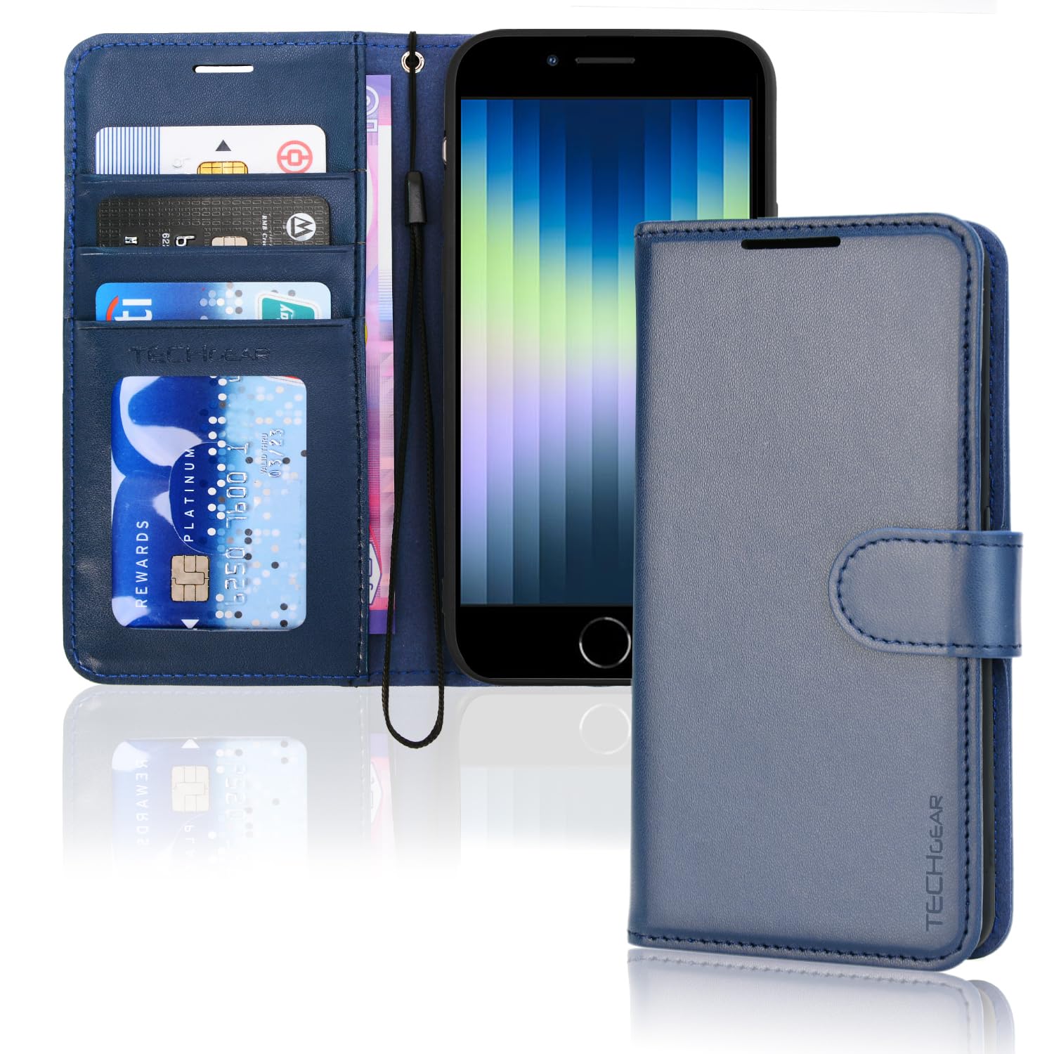 TECHGEAR iPhone SE 2022 5G / 2020, iPhone 8/7/6 Leather Wallet Case, Flip Case Cover, Card Holder, Stand, Wrist Strap - Blue PU Leather, Magnetic Closure for iPhone SE 3 / SE 2 / iPhone 8 7 6 6s 4.7"