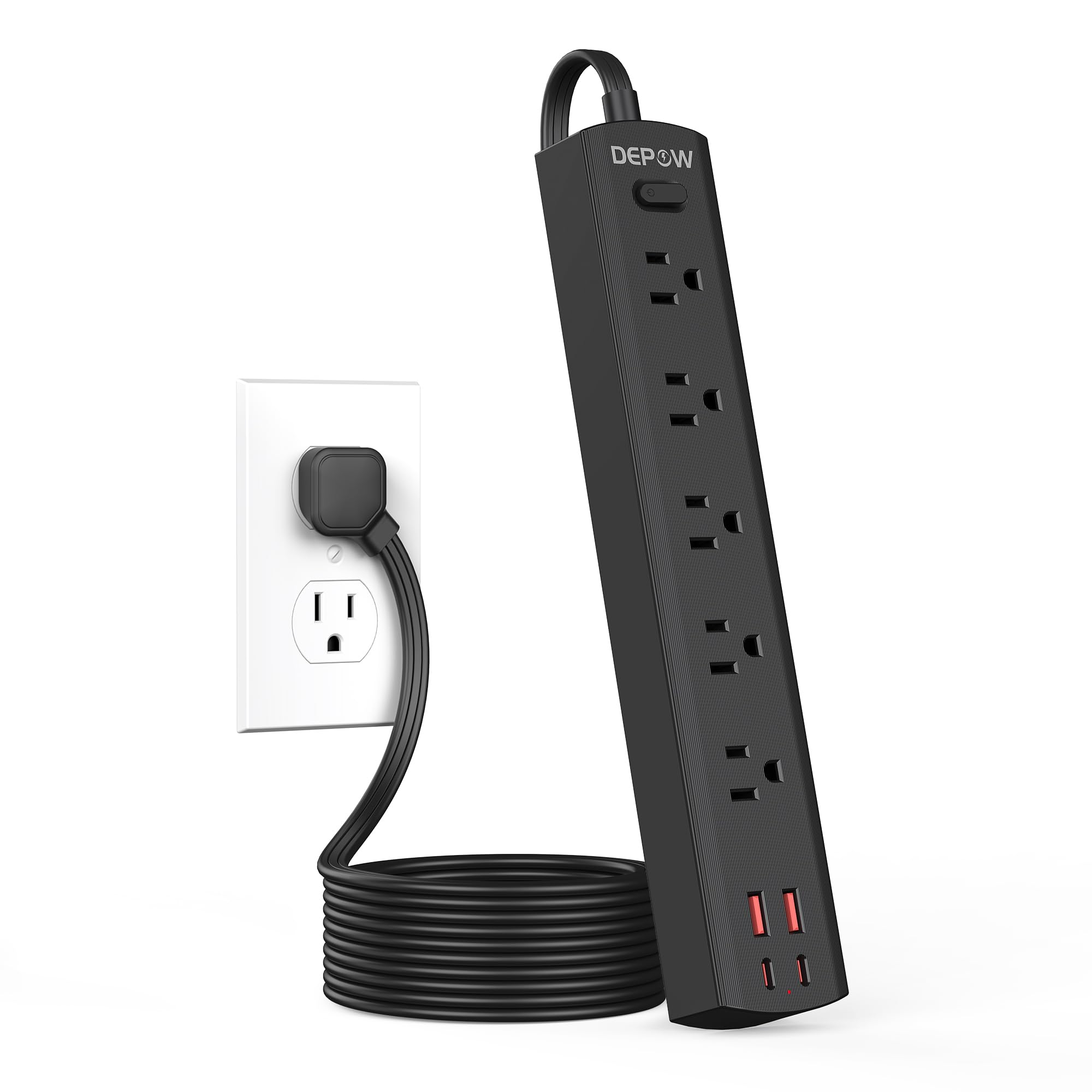 DEPOW Black Surge Protector Power Strip with 5 AC outlets and 4 USB ports