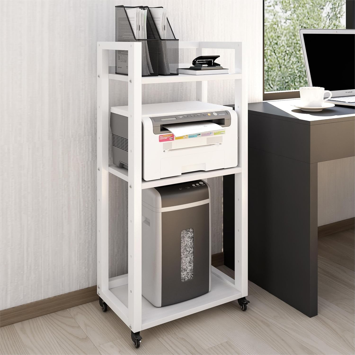 PUNCIA Supporto per Stampante a 3 Livelli Carrello Porta Documenti Mobile per Stampante in Legno e Metallo Scaffale per Documenti con Ruote Tavolo per Trituratore HIFI per Ufficio Casa (Bianco)