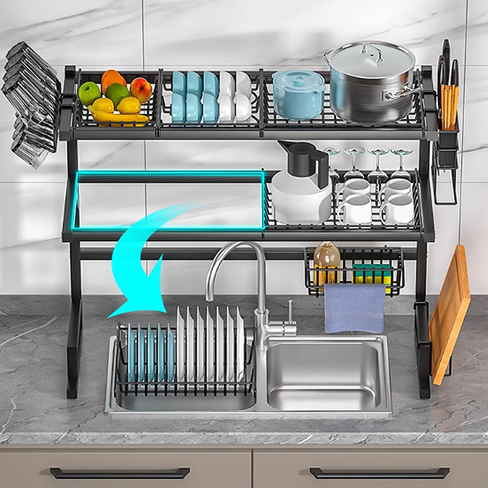 Escurridor de platos grande de 3 niveles para fregadero de cocina, acero al carbono, organizador de almacenamiento de mostrador con soporte para utensilios y cesta de herramientas de