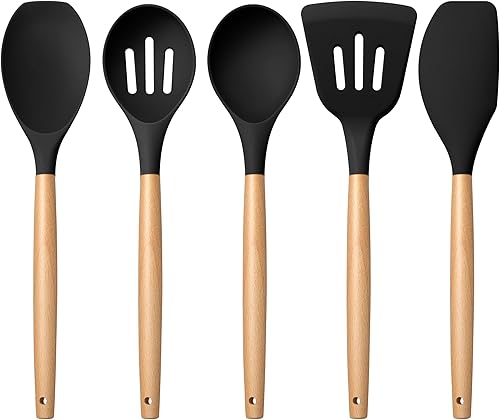 E-far - Juego de utensilios de cocina de silicona, 5 piezas, juego de utensilios de cocina negros con mango de madera para cocinar, espátulas de