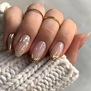 24 Stück Nägel Zum Aufkleben Mandel Mittel, Gold Glänzende French Press on Nails, Ballerina Selbstklebende Falsche Nägel, Handmade Acryl Künstliche Fingernägel zum Aufkleben für Damen und Mädchen