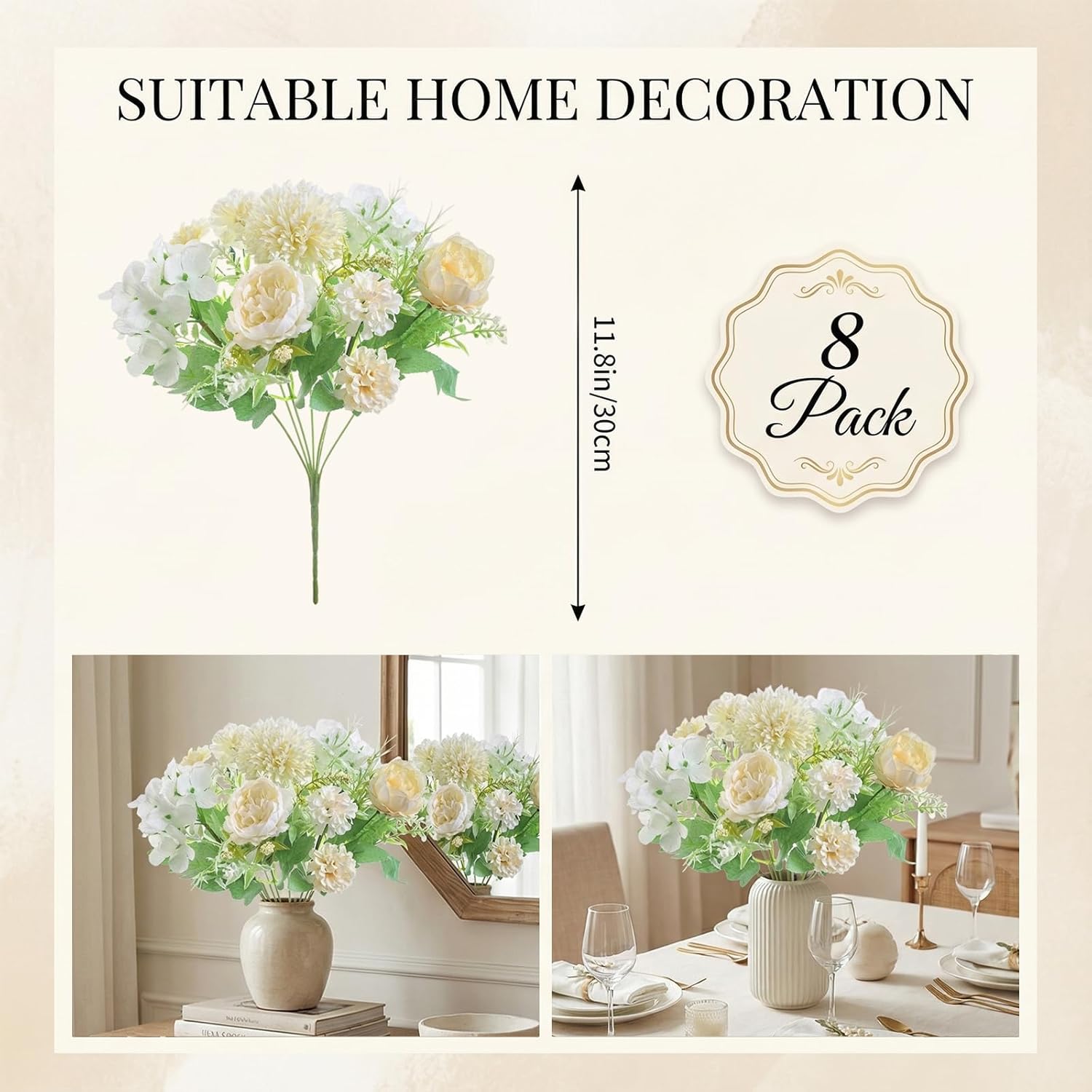 8 Pack Peony Artificial Flowers, Fake Silk White Hydrangea Artificial Flowers, Fake Bouquet Hydrangea Realistic Floral Centerpieces for Tables Wedding Party Home Decor