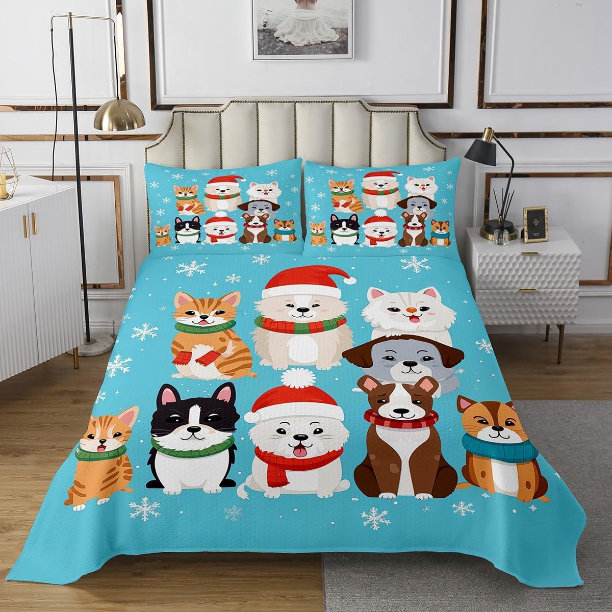 Erosebridal Christmas Truck Bedspread Set King,Christmas Ornaments Bedding Set for Kids Boys Girls,Botanical Holly Leaves Coverlet Set,Dog Pet Red Green Xmas Decorations Bedspread Sets 3 Piece
