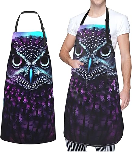 Miniatura 8 de Delantal ajustable con 2 bolsillos, delantales de búho morado, delantal impermeable para lavavajillas, para mujeres y hombres, delantales de cocina