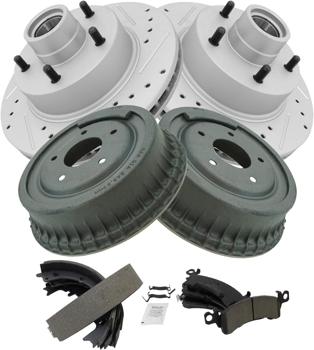TRQ Front & Rear Brake Pad & Rotor Kit Premium G-Coated Ceramic Performance Slotted X Drilled Compatible with 75 Apollo 70-74 Camaro 71 G10 Van 74 Omega Skylark Ventura