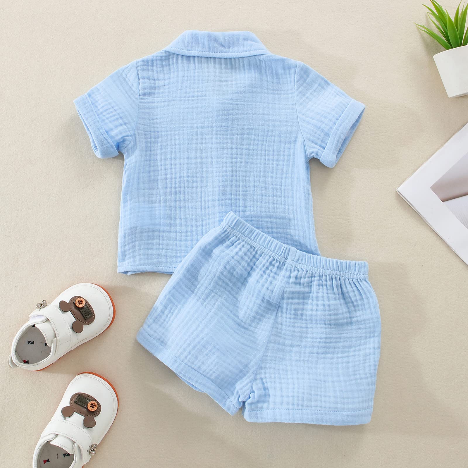 Carolilly Ensemble Eté Enfant Bébé Garçon de 2 Pièces, Chemise Boutonné Col à Revers à Manches Courtes en Coton+ Shorts Assorti (0-3 ans)