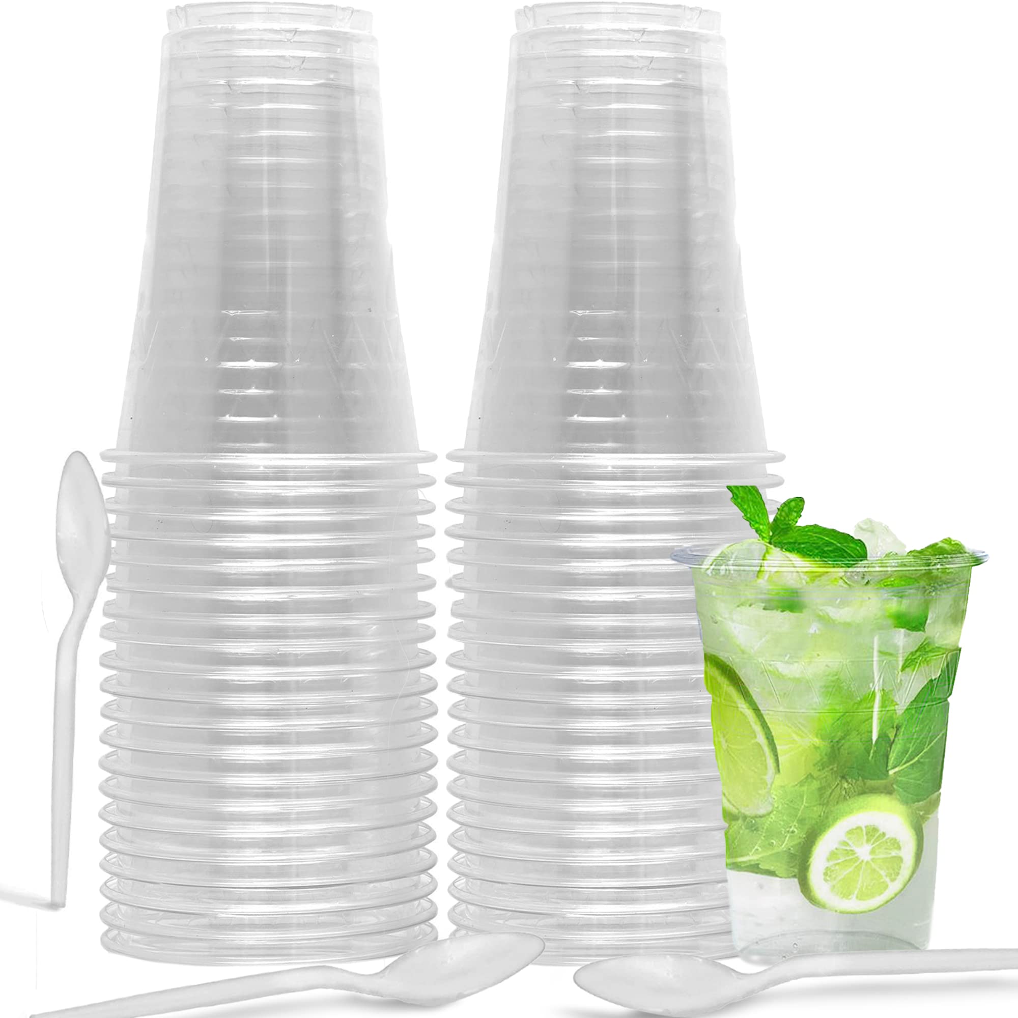 Photo 1 of 9 Oz Clear Plastic Cups Disposable 100 Pack - Stackable and Light Weight Crystal Clear Disposable Cups with 10 Plastic Spoons - Plastic Party Cups Disposable for Weddings & Restaurants