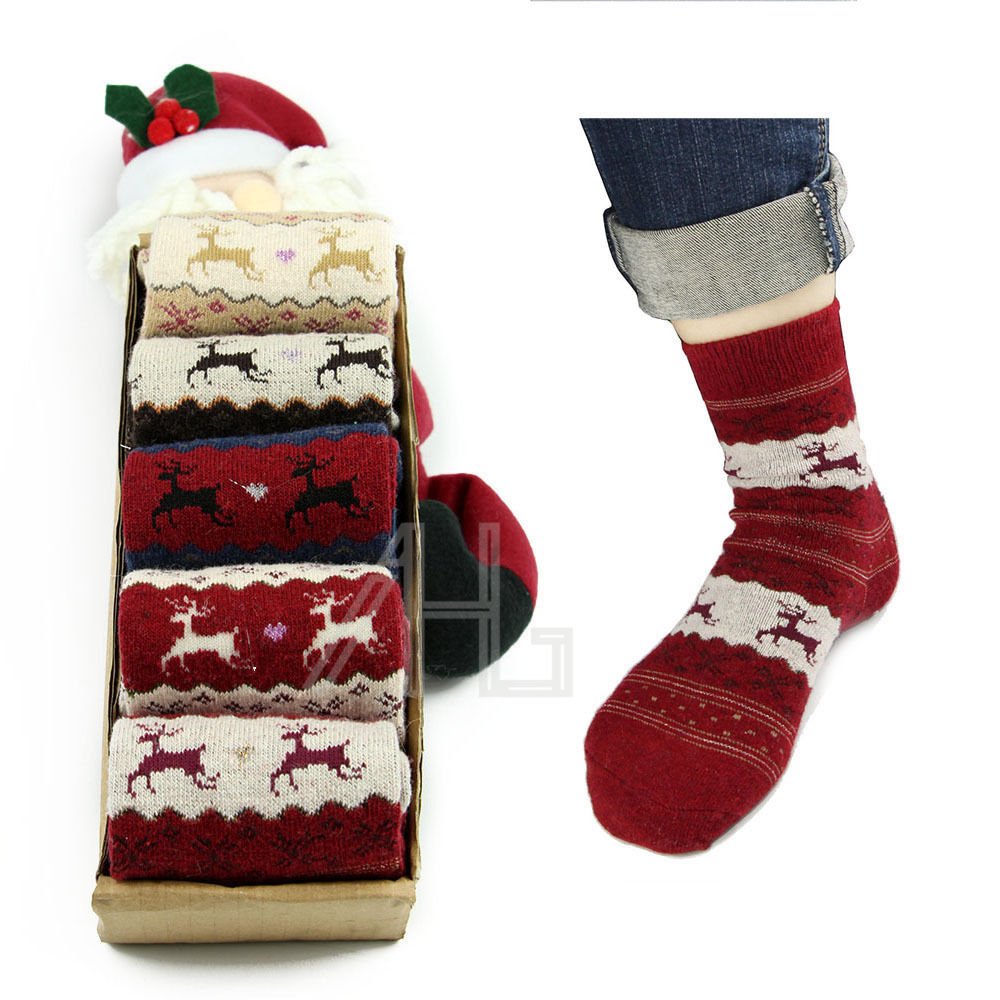 Ahg Women's Pink 5 Pairs Thick Winter Socks Warm Wool Christmas Nordic Novelty Sock