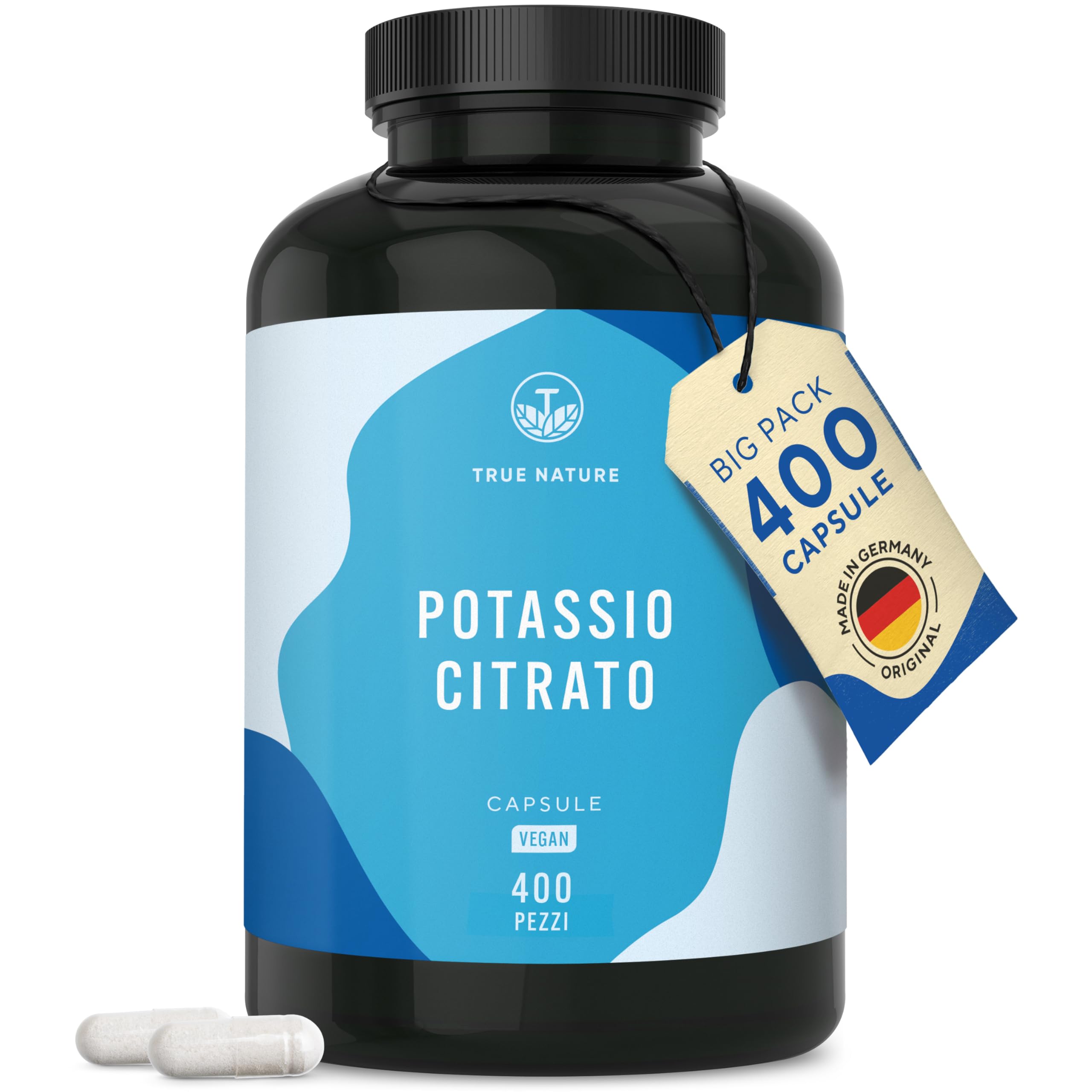 Potassio – 2.222 mg al giorno – 400 capsule – Citrato di potassio con potassio elementare – Scorta per 6 mesi – Vegano e senza additivi - testato in Laboratorio, produzione Tedesca – TRUE NATURE®