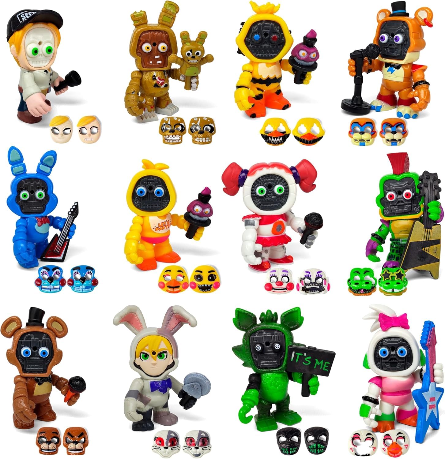YZR 48pcs Freddy's Action Figures, 5 Nights Toys include 12pcs Figures 12pcs Accessories 24pcs Interchangeable Masks for Kids Adults Game Fans