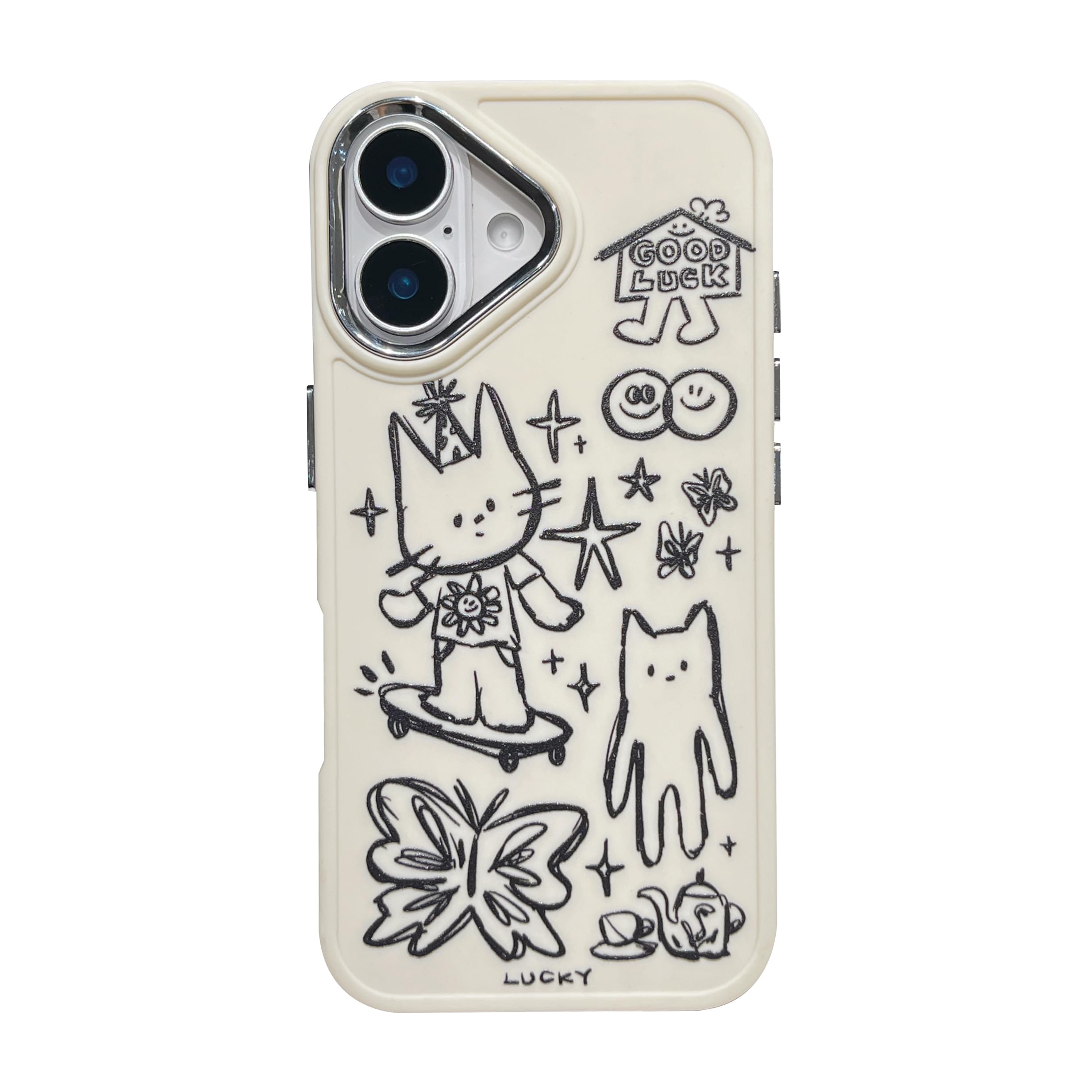 Emylisa Designed for iPhone Case, Cute Cat Butterfly Star Lucky Line Drawing Soft Phone Case (White,for iPhone 14 Pro Max)