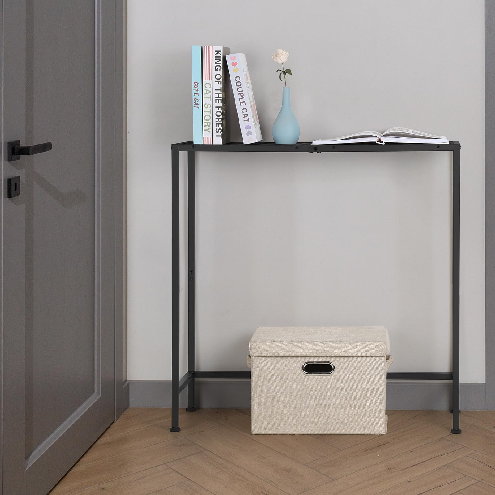 CADUKETavolo consolle nera moderna, ingresso con piano in legno, robusto telaio in acciaio, stretto per piccoli spazi, presentazione
