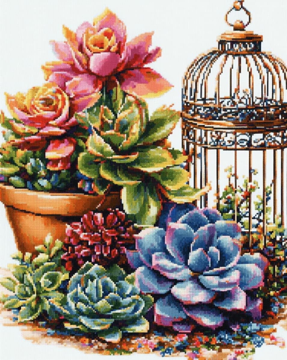 WallustrioaW Embroidery Cross Stitch Kits for Beginners,Succulents and birdcages,Stamped Embroidery 11CT Needlework Kit DIY Artwork for Adults Girls Wall Decor,16x20in