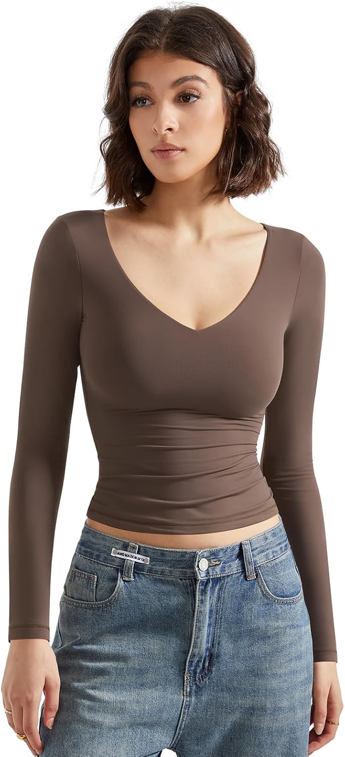 SUUKSESS Women Double Lined Casual V Neck Crop Tank Tops Basic Long Sleeve Shirts - Image 2