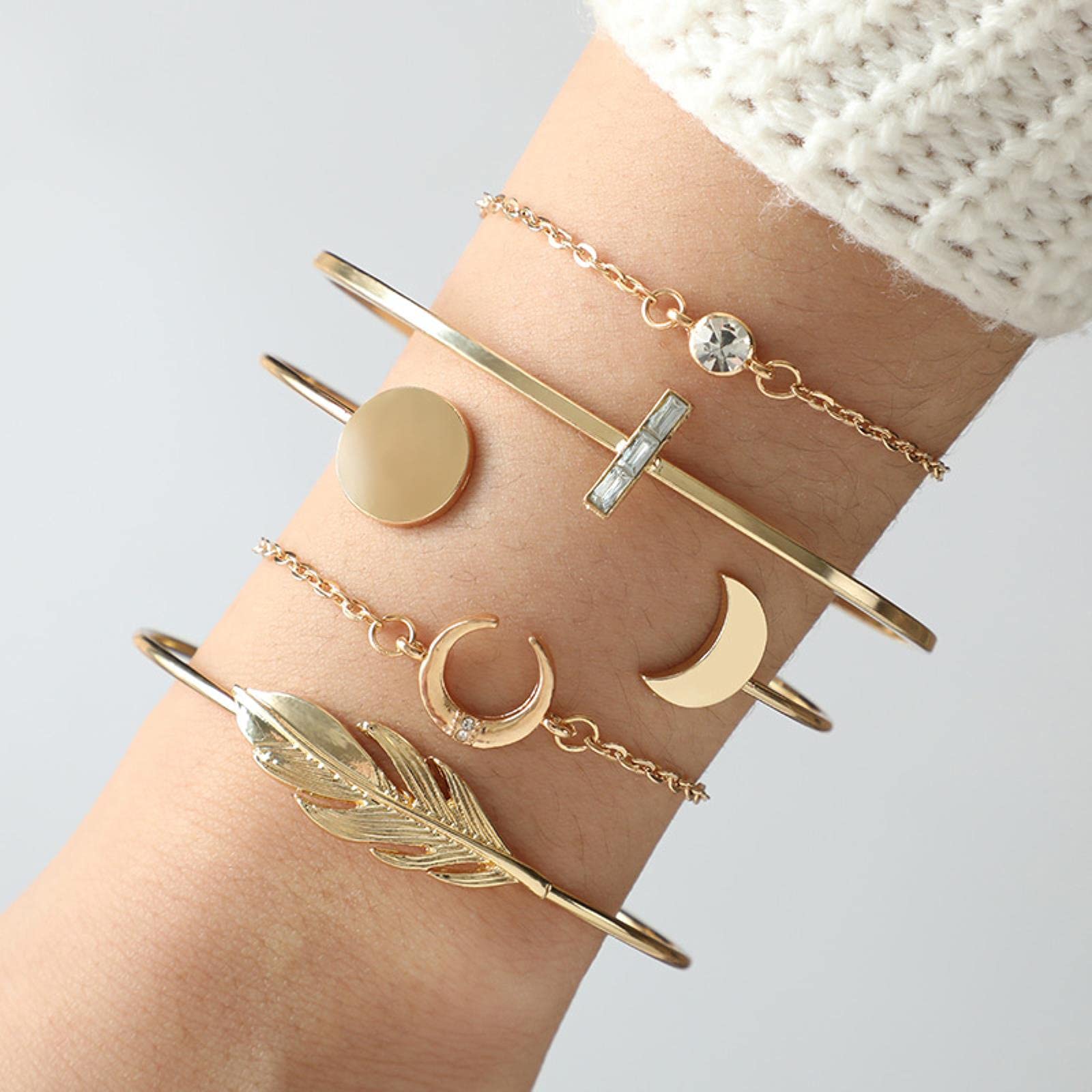 bransoletka w stylu bohemy, Czeska złota bransoletka z kryształowym liściem księżyca i opalem otwartym łańcuszkiem dla kobiet, luksusowa Bangle Femme Jewelry Gift
