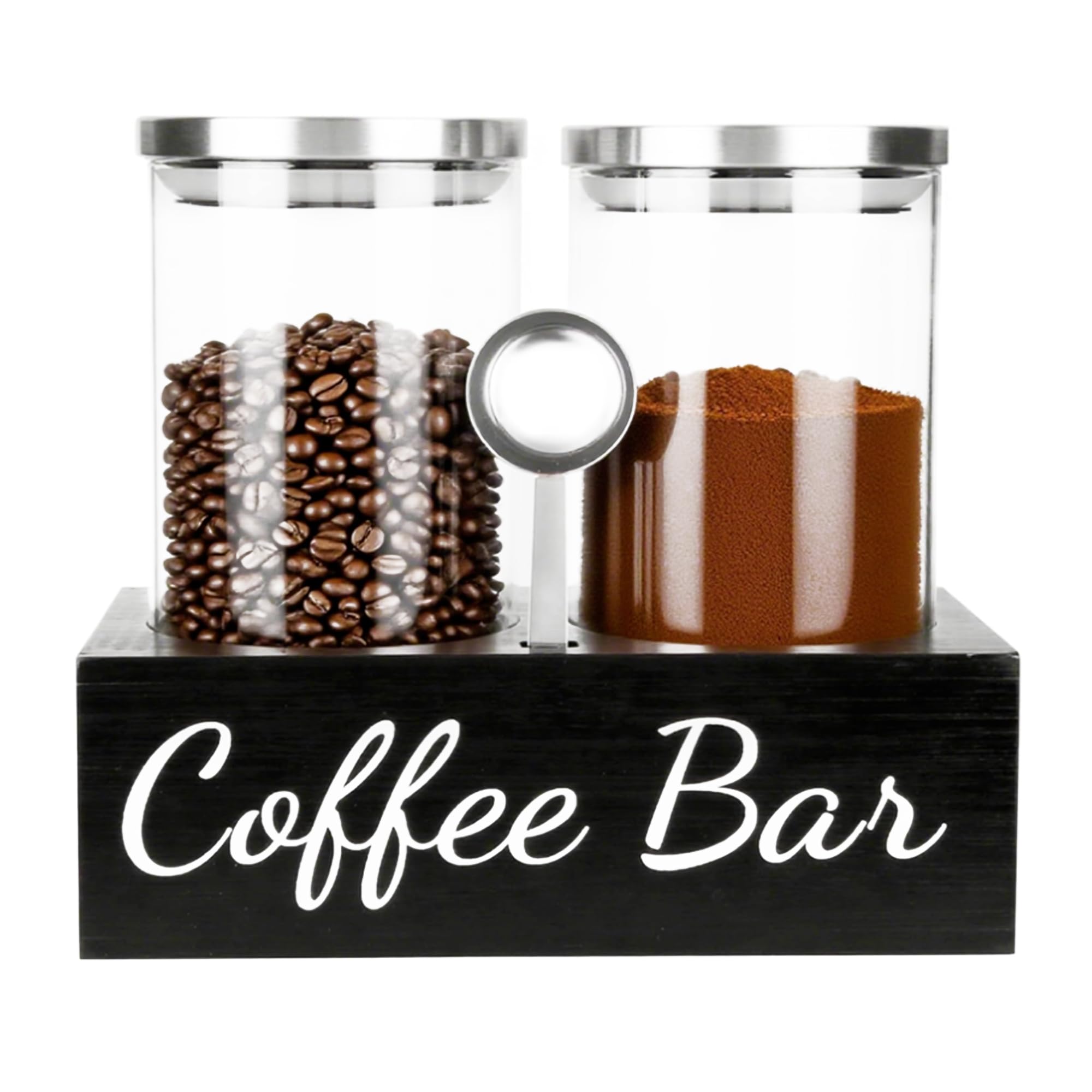 Kaffeebohnenbehälter mit Holzregal und Löffeln, luftdicht, klares Glas, ideal für Zuhause, Büro und Kaffeeliebhaber, Geschenk-Set