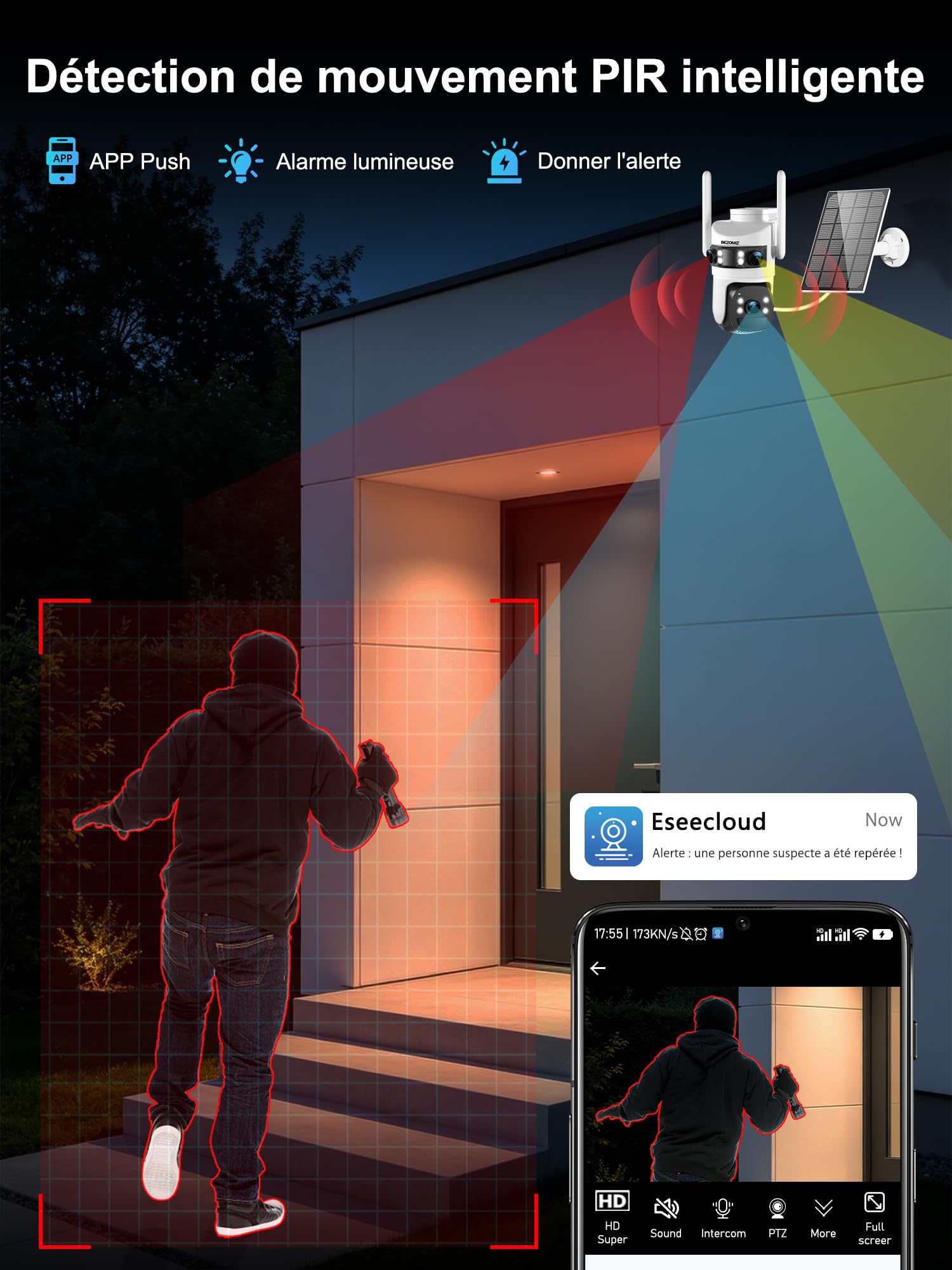 4K Caméra Surveillance WiFi Extérieure à triple objectif,360° PTZ Camera Solaire,12MP Détection Humaine,avec Batterie,Suivi Automatique,Vision Nocturne Couleur,Étanche,Audio Bidirectionnel,2.4/5G WIFI