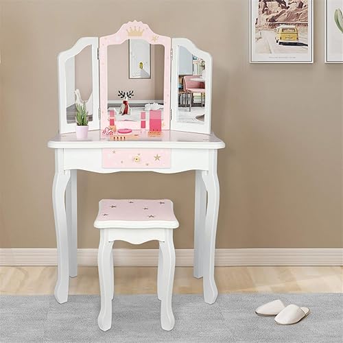 Juego de tocador rosa para niños, juego de mesa y silla de maquillaje de madera para niñas pequeñas, tocador de princesa para niños, tocador con