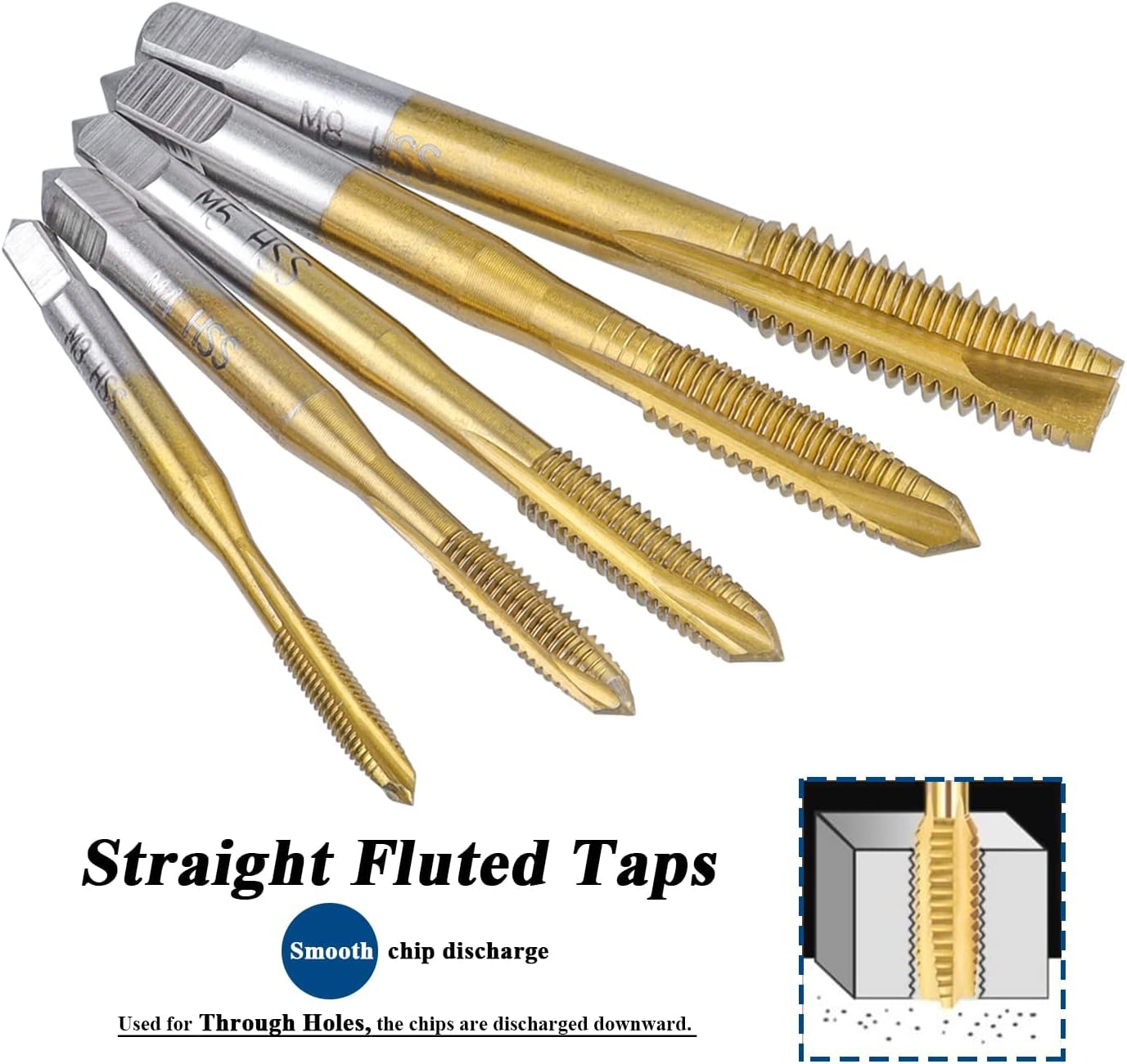 5Pcs High Speed Steel HSS 6542 Spiral Point Threading Tap, Titanium Coated Machine Taps Machining Screw Thread Tap Set Metric M3x0.5, M4x0.7, M5x0.8, M6x1.0, M8x1.25