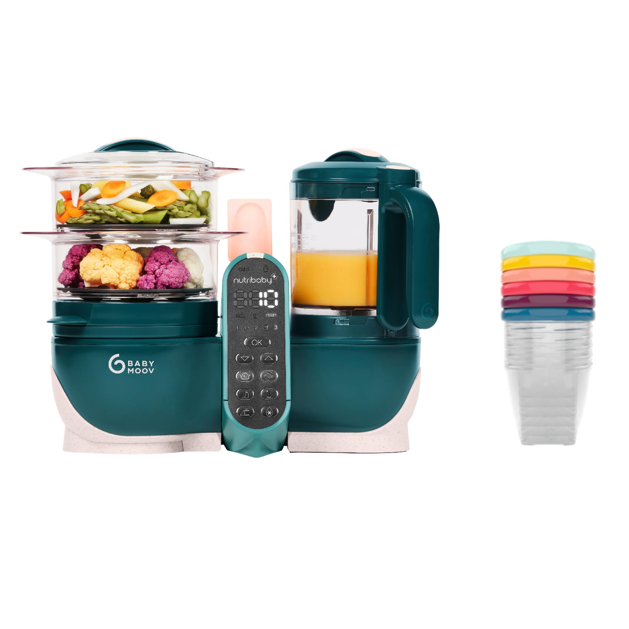 Babymoov Nutribaby+,Cuocipappa Multifunzione 6 in1 Opal Green + Babybols Set Da Sei Vasetti 250 Ml, Cuocivapore, Frullatore, Grande Capacità per i Bambini, Fino a 10 Pasti Preparati Contemporaneamente