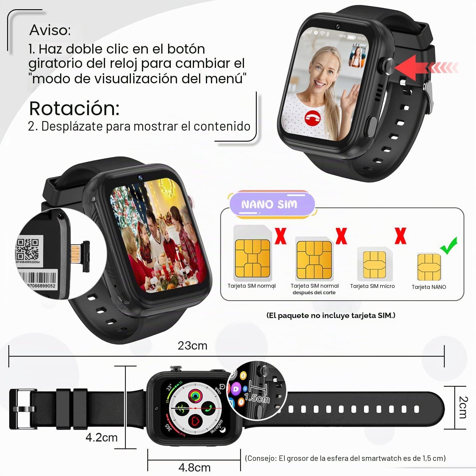 OKYUK Reloj Inteligente 4G para Niños con Botón de Llamada de Emergencia SOS, Alternativa al Teléfono Celular para Edades 3-12 Años (Negro)