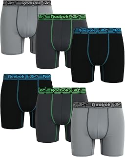 Reebok Mens Underwear Boxer Briefs - 6 Pack Stretch Performance Moisture Wicking Boxers for Men with Contour Pouch, 6" Inseam